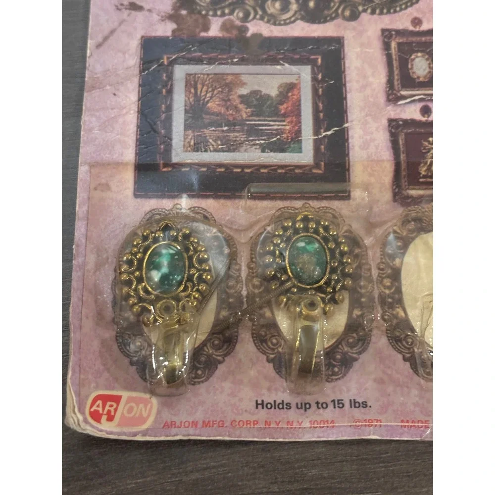 Vintage 1971 Arjon Jewel Hooks Gold Tone Green Faux Stone Set of 2 USA